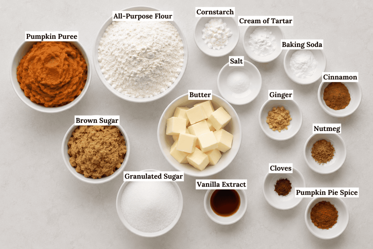 Bowls with labeled ingredients: pumpkin puree, brown sugar, granulated sugar, all-purpose flour, butter, vanilla, cornstarch, cream of tartar, salt, baking soda, ginger, cinnamon, nutmeg, cloves, pumpkin pie spice.