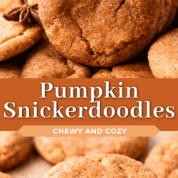 Close-up of pumpkin snickerdoodle cookies, some stacked and some with bites taken out, showing their chewy texture. Cinnamon sticks and star anise are placed nearby for decoration. Text: Pumpkin Snickerdoodles, Chewy and Cozy.