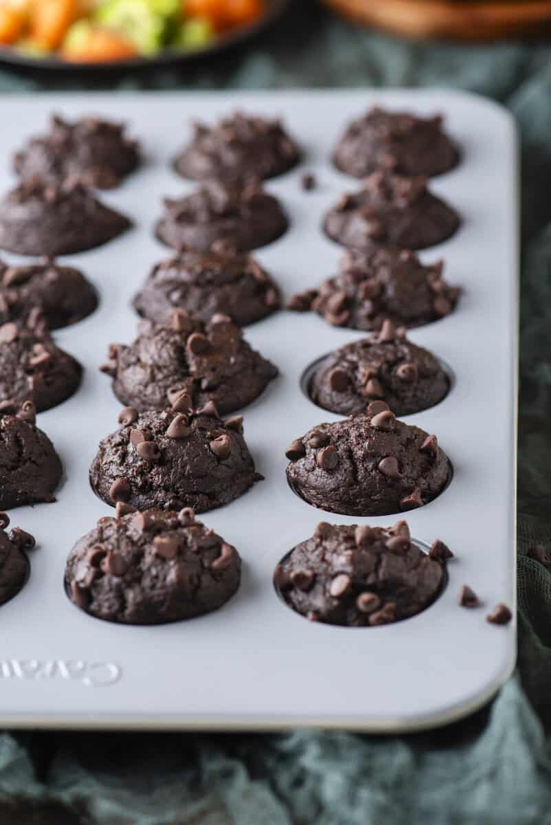A tray of freshly baked chocolate muffins topped with chocolate chips is shown on a dark textured surface. The muffins are still in the baking tin, arranged in neat rows.