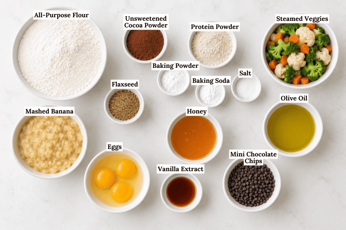 Various baking ingredients labeled in bowls, including flour, cocoa, protein powder, veggies, mashed banana, eggs, flaxseed, honey, vanilla, olive oil, chocolate chips, baking powder, and baking soda.