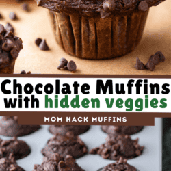 Chocolate muffins topped with chocolate chips are shown on a countertop and baking tray. Text reads: Chocolate Muffins with hidden veggies. Mom Hack Muffins.
