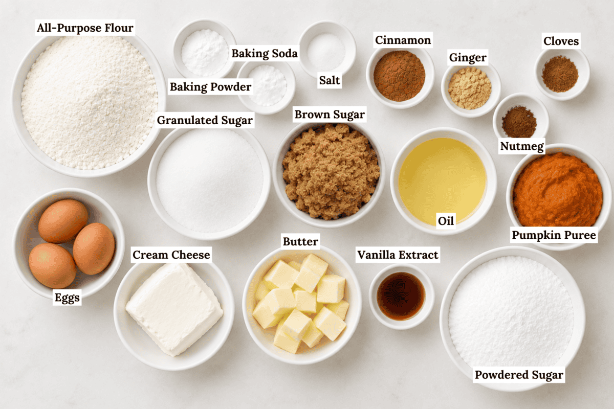 Baking ingredients in bowls labeled: all-purpose flour, baking powder, baking soda, salt, granulated sugar, brown sugar, cinnamon, ginger, cloves, nutmeg, pumpkin puree, eggs, cream cheese, butter, oil, vanilla, powdered sugar.